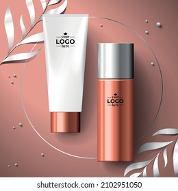 mockup banner for logo and branding, copper bottle and tube with silver herbs