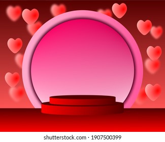 Mockup banner for product presentation on valentine's day. 3D pink podium with steps and volumetric red heart in the air on pink circle background with shadow on red background.