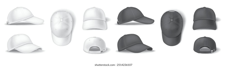 Mockup baseball caps black and white realistic vector illustration set. Sports uniform headgear with copy space 3d models on white background