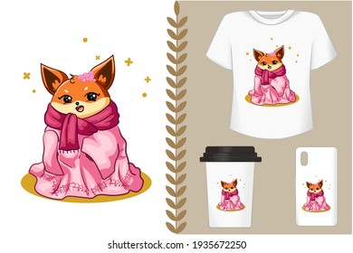 Mockup beautiful fox with flower cartoon illustration