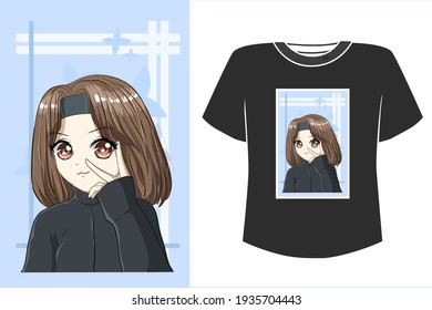 Mockup beautiful girl with black jacket cartoon illustration