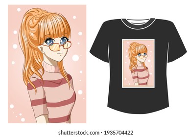 Mockup beautiful girl with glasses cartoon illustration