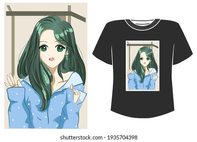 Mockup beautiful girl green hair cartoon illustration