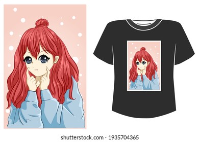 Mockup beautiful girl red hair cartoon illustration