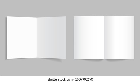 Mockup bi-fold brochure or booklet. White bifold paper cover of flyer for print with shadow. Template leaflet page format of a4, a3, a5. vector eps10
