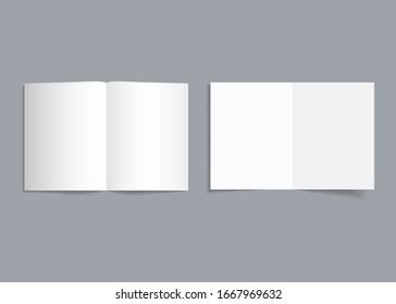 Mockup bifold brochure. White cover of flyer with shadow. Paper template booklet or leaflet for realistic magazine, pamphlet, card, flyer. Open page catalog format of a4, a3, a5. Empty blank. Vector.