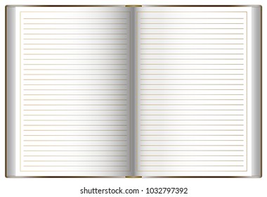 Mockup of big open book, with lined pages, isolated on white background. Is designed for your design work. Vector illustration.