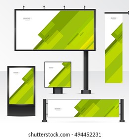 Mockup billboard, city light, horizontal and vertical banners. Set objects for outdoor advertising. Template for branding on white background. Vector illustration.