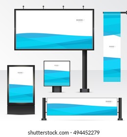 Mockup billboard, city light, horizontal and vertical banners. Set objects for outdoor advertising. Template for branding on white background. Vector illustration.