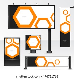 Mockup billboard, city light, horizontal and vertical banners. Set objects for outdoor advertising. Template for branding on white background. Vector illustration.