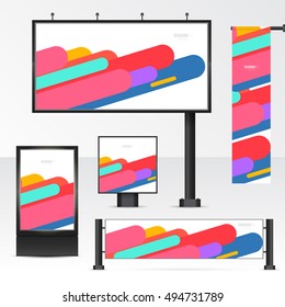 Mockup billboard, city light, horizontal and vertical banners. Set objects for outdoor advertising. Template for branding on white background. Vector illustration.