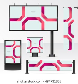 Mockup billboard, city light, horizontal and vertical banners. Set objects for outdoor advertising. Template for branding on white background. Vector illustration.