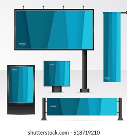 Mockup billboard, city light, horizontal and vertical banners. Set objects for outdoor advertising. Template for branding on white background. Vector illustration.