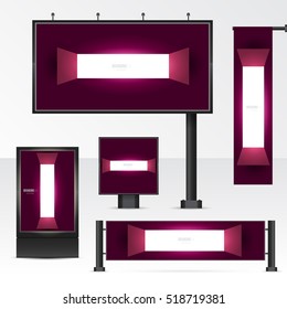 Mockup billboard, city light, horizontal and vertical banners. Set objects for outdoor advertising. Template for branding on white background. Vector illustration.