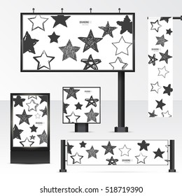 Mockup billboard, city light, horizontal and vertical banners. Set objects for outdoor advertising. Template for branding on white background. Vector illustration.