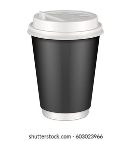 Mockup Black Blank Disposable Paper Cup With Lid. Container For Cold Or Hot Drink Coffee, Java, Tea, Cappuccino. Illustration Isolated On White Background. Mock Up Template Ready For Your Design.