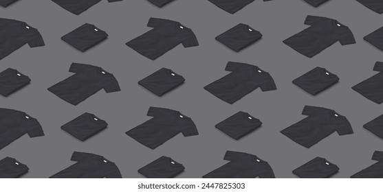 Mockup black blank t-shirts isometric illustration pattern on isolated background. Casual clothes with brand design template 3d objects on grey background
