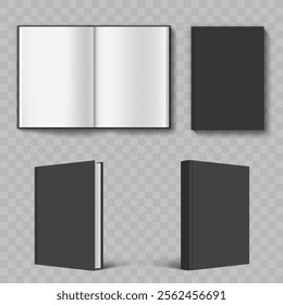 Mockup of black book or notebook cover. Template isolated on transparent background. Vector illustration