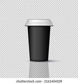 Mockup of black coffee cup with white lid. Plastic cup for drinks - latte, cappuccino, espresso, tea, mocha. 3D realistic coffee cup template isolated on transparent background. 