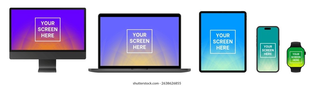 Mockup of black computer monitor, laptop, tablet screen, mobile phone and watch. Social media promotion. Advertising on a smartphone display. Device front view. 3D smart pad. Cell phone.