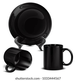 Mock-up Black Cup Plate Set Vector 3