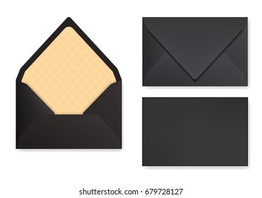 Mock-up Of Black Designed Envelope. Front View, Closed And Opened Back Side. Triangle Flip, Golden Textured Paper Inside. 3D Realistic Vector Illustration With Transparent Shadows.