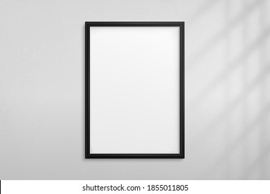 Mockup Black Frame Photo On Wall With Shadow. Mock Up Artwork Picture Framed. Vertical Boarder. Empty Board A4 Photoframe. Modern 3d Border For Design Prints Poster, Blank, Painting Image. Vector