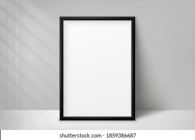 Mockup Black Frame Photo On Background Wall With Shadow. Mock Up Artwork Picture Framed. Vertical Boarder. Empty Board A4 Photoframe. Modern 3d Border For Design Prints Poster, Painting Image. Vector