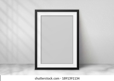 Mockup Black Frame Photo On Wall. Mock Up Artwork Picture Framed. Vertical Boarder With Shadow. Empty Board Photoframe A4. Modern Stylish 3d Border. Design Prints Poster, Blank, Painting Image. Vector