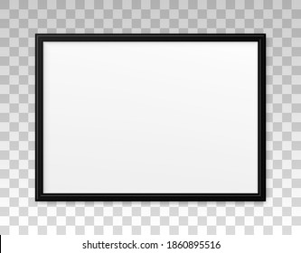 Mockup black frame photo. Shadow on wall. Mock up artwork picture framed. Horizontal boarder. Empty board a4 photoframe. Modern stylish 3d border. Design prints poster, blank, painting image. Vector