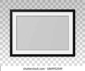 Mockup black frame photo. Shadow on wall. Mock up artwork picture framed. Horizontal boarder. Empty board a4 photoframe. Modern stylish 3d border. Design prints poster, blank, painting image. Vector