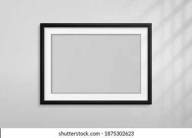 Mockup Black Frame Photo. Shadow On Wall. Mock Up Artwork Picture Framed. Horizontal Boarder. Empty Board A4 Photoframe. Modern Stylish 3d Border. Design Prints Poster, Blank, Painting Image. Vector