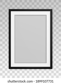 Mockup black frame photo. Shadow on wall. Mock up artwork picture framed. Vertical boarder. Empty board a4 photoframe. Modern stylish 3d border. Design prints poster, blank, painting image. Vector