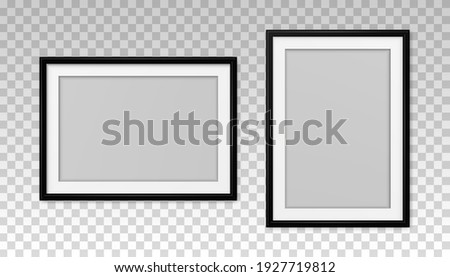 Mockup black frame photo. Shadow on wall. Mock up artwork picture framed. Set vertical and horizontal boarder. Empty board photoframe. A4 border. Design prints poster, blank, painting image. Vector