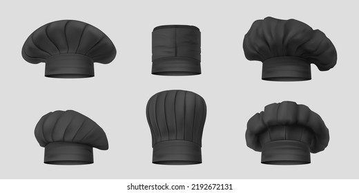 Mockup black headwear for the chef. Collection cook caps and baker toques headdress for kitchen staff. Vector illustration