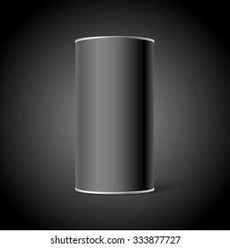 Mockup of Black matte Blank Tin can packaging on black background. Tea, coffee, dry products, gift box.