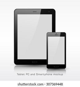 Mockup black smartphone and tablet with a white clean background