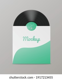 Mockup of black vintage vinyl disc with cover, realistic vector illustration isolated on grey background. Template of sound record disc with paper cover.