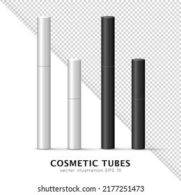 Mockup of black and white blank thin tube - mascara, lip gloss, gel, eyeliner, oil, etc. 3D vector cosmetic package, bottle, flacon template for your design.