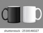 Mockup black and white ceramic mug. Template isolated on transparent background. Vector illustration.