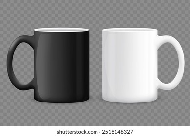 Taza de cerámica blanca y negra de la maqueta. Plantilla aislada sobre fondo transparente. Ilustración vectorial.