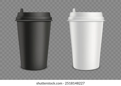 Mockup black and white disposable paper coffee mug. Template isolated on transparent background. Vector illustration.