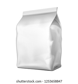 Mockup Blank Bag Pouch Snack Sachet Resealable Stand Up Packaging For Coffee, Candy, Nuts, Spices, Self-Seal Zip Lock Foil Or Paper Food. Illustration Isolated On White Background. Mock Up, Template.