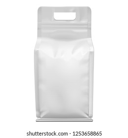Mockup Blank Bag Pouch Snack Sachet Resealable Stand Up Packaging For Coffee, Candy, Nuts, Spices, Self-Seal Zip Lock Foil Or Paper Food. Illustration Isolated On White Background. Mock Up, Template.