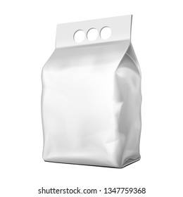 Mockup Blank Bag Pouch Snack Sachet With Handle Resealable Stand Up Packaging For Coffee, Candy, Nuts, Spices, Self-Seal Zip Lock Foil Or Paper Food. Illustration Isolated On White Background. Mock Up