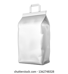 Mockup Blank Bag Pouch Snack Sachet With Handle Resealable Stand Up Packaging For Coffee, Candy, Nuts, Spices, Self-Seal Zip Lock Foil Or Paper Food. Illustration Isolated On White Background. Mock Up
