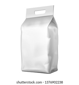 Mockup Blank Bag Pouch Snack Sachet With Handle Resealable Stand Up Packaging For Coffee, Candy, Nuts, Spices, Self-Seal Zip Lock Foil Or Paper Food. Illustration Isolated On White Background. Mock Up