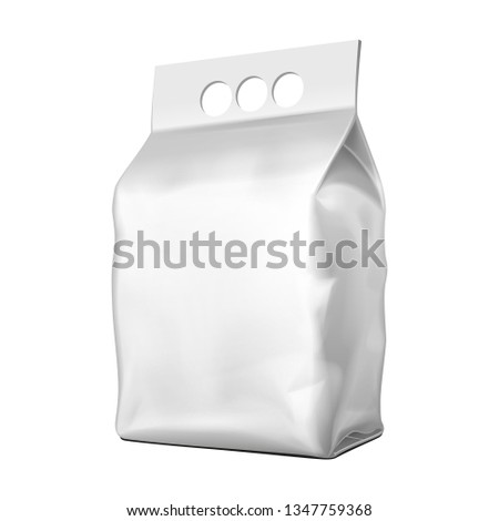Mockup Blank Bag Pouch Snack Sachet With Handle Resealable Stand Up Packaging For Coffee, Candy, Nuts, Spices, Self-Seal Zip Lock Foil Or Paper Food. Illustration Isolated On White Background. Mock Up