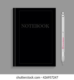 Mockup of blank black book cover and pen. Realistic Textbook, booklet, notepad or notebook for your design and branding