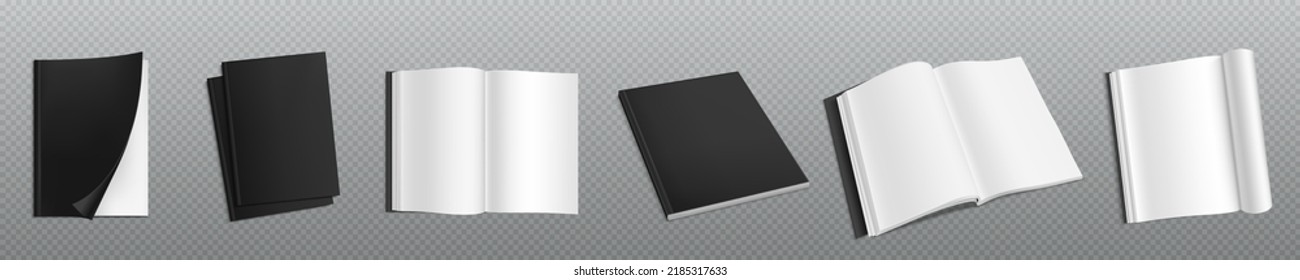 Mockup Of Blank Book, Booklet Or Magazine With Soft Black Cover Top View. Vector Realistic Template Of 3d Open And Closed Catalog, Brochure Or Journal With Empty White Pages